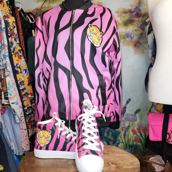 Pink and Black Tiger Print Women's Jacket - Picture 1 of 8